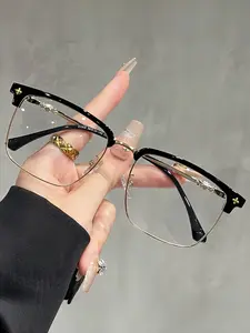 Vintage Half Frame Square Fashion Glasses, Tr90 Durable Lightweight Frame, Casual Style Unisex Eyewear for Work & Daily Use, Trendy Vintage Eyeglasses