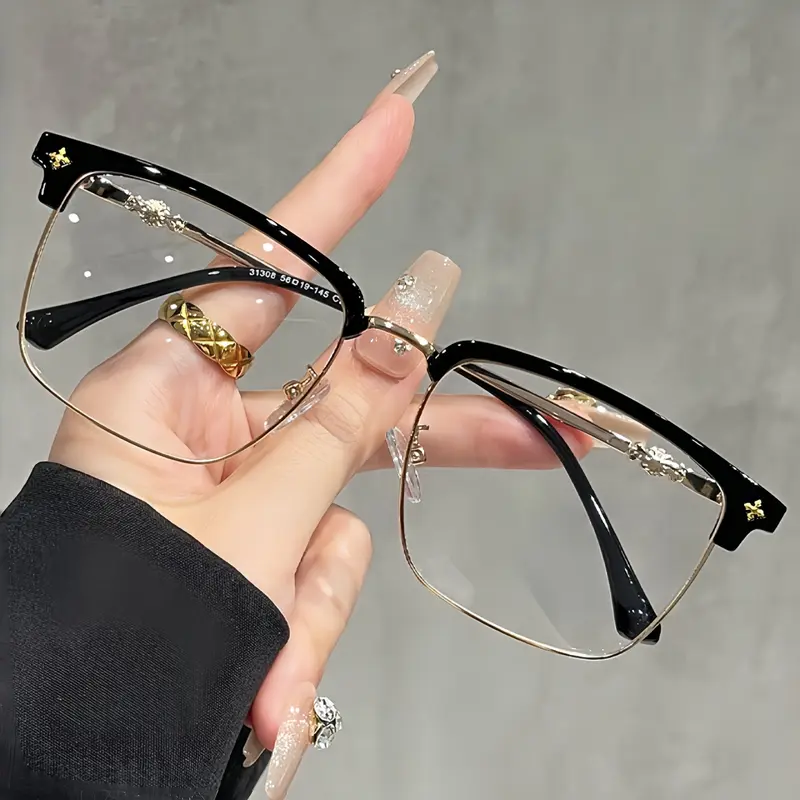 Vintage Half Frame Square Fashion Glasses, Tr90 Durable Lightweight Frame, Casual Style Unisex Eyewear for Work & Daily Use, Trendy Vintage Eyeglasses