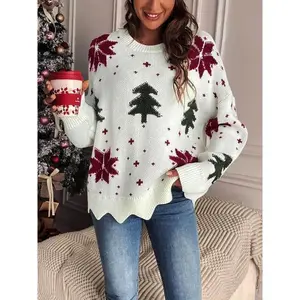 Women’s Christmas tree print scallop-trim drop-shoulder sweater pullover, casual long-sleeve crewneck jumper for autumn and winter, ladies’ knitwear for everyday wear