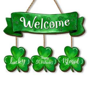 Saint Patrick's Day Wooden Hanging Decorations Set, Artistic Holiday Welcome Sign, Three-Leaf Clover Ornament, Indoor Outdoor Party Decoration