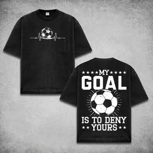 180gMen's Oversized Soccer Goalkeeper T-Shirt - Vintage Washed Black Graphic Tee, Front Heartbeat Soccer Ball & Back "My Goal Is To De Yours" Print, Athletic Streetwear, Premium Cotton Goalie Shirt, Gift For Football Fans