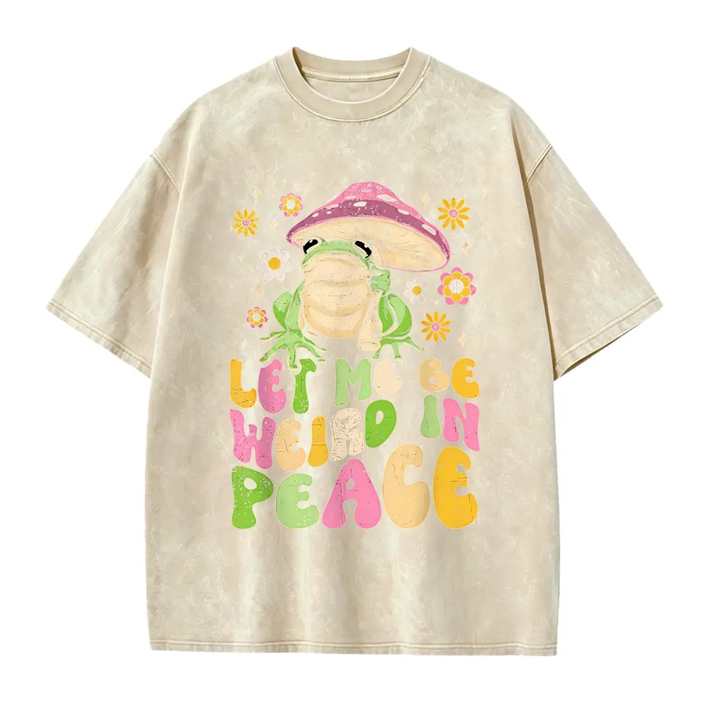 Let Me Be Weird In Peace Cute Goblincore Frog T-Shirt - Unisex Adult Retro Graphic Tee with Whimsical Frog & Mushroom Design, 220gsm Heavyweight Pure, with Multicolor Print, All-Season Casual Wea, PLUS SIZE