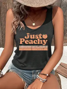 Women's "Just Peachy" Graphic, Print Tank Top, Retro 70s Striped Peach Sleeveless Top, Summer Beach, Vacation & Festival Outfits, Soft Cotton Blend, Lightweight, Breathable, Loose Fit, Boho Chic, Casual Wear, Spring & Fall, Cute Fruit, Aesthetic