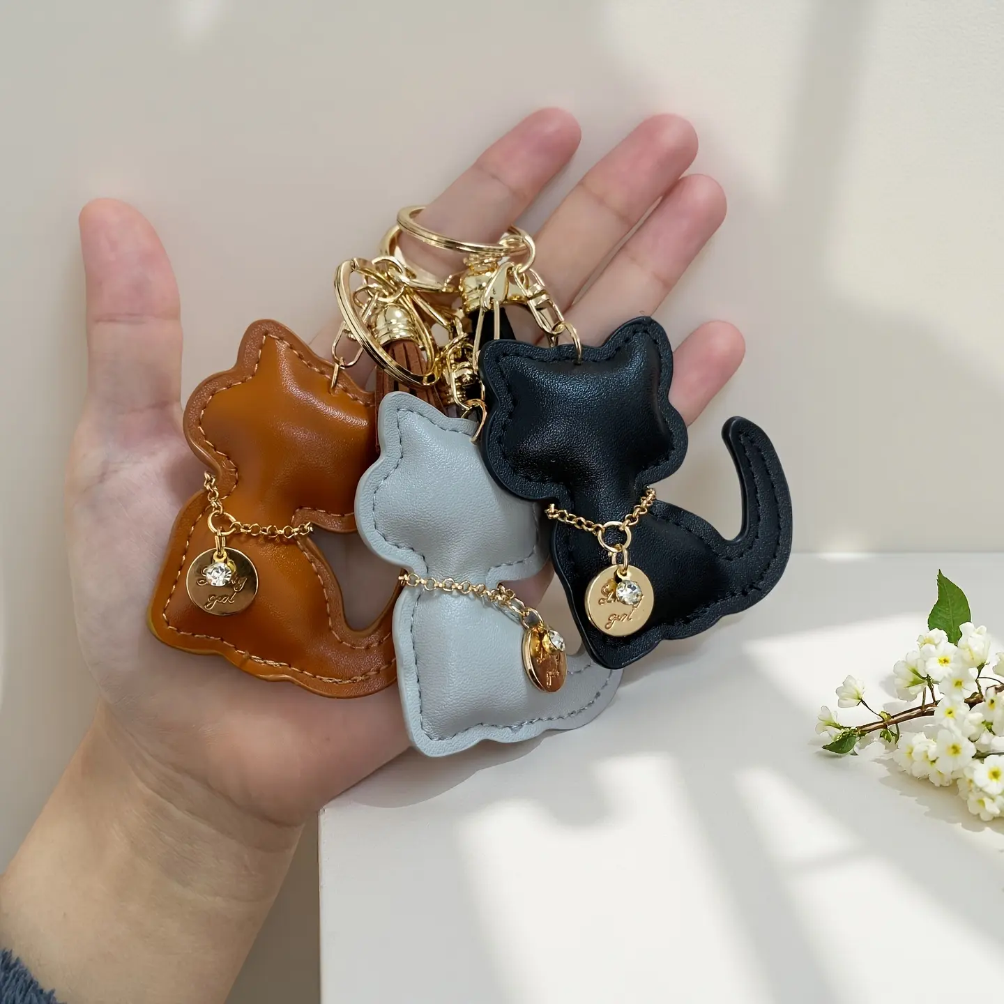 Women's 3-Piece Adorable Faux Leather Cat Keychains with Tassel Decor, Available in Gray, Black, Brown, for Bag and Car Hanging Home Decor, Three Pieces