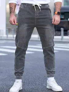 Men's Jean Cargo Pants Trouser, Elastic Waist Drawstring Design, Vintage Wash Soft Stretch Summer Streetwear, Casual Loose Fit Jeans