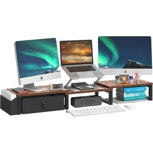 Heavy Duty Dual Monitor Stand, Adjustable Monitor Riser Holds 2 Screens Up to 27 Inches, Adjustable Length and Angle, Desk Organizer with Side Pockets and Drawers for Home Office Desk Storage, Rustic Brown