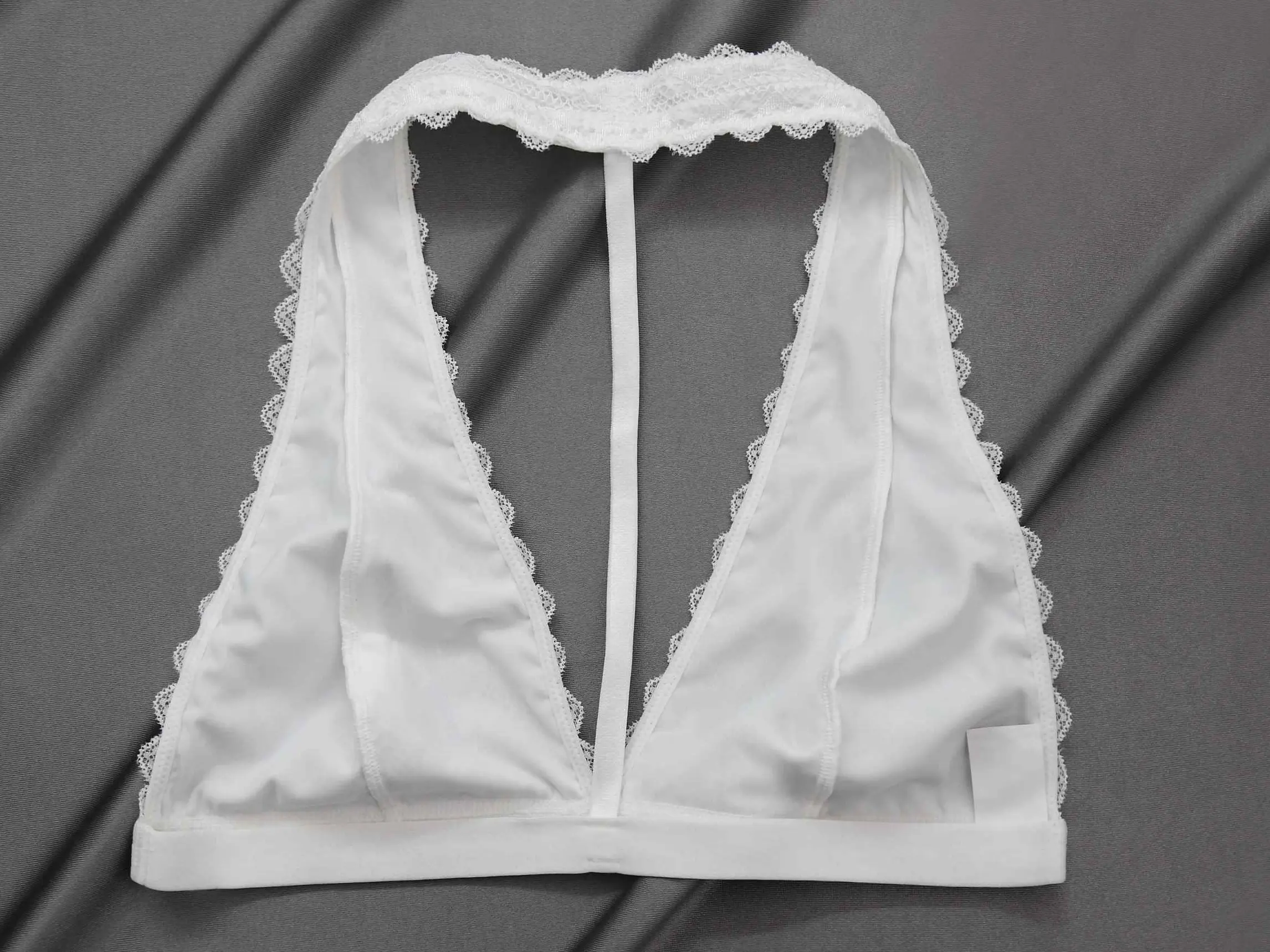 1pcs-Women's White Lace Halter Bralette, Deep V Plunge Triangle Bra with Scalloped Trim