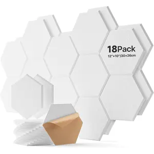 18 Pack Hexagon Acoustic Panels, Self-Adhesive Soundproof Wall Panels, High Density Acoustic Wall Panels, Sound Proofing Panels for Walls, Office, Recording Studio, Ceiling 12" X 10" X 0.4" White