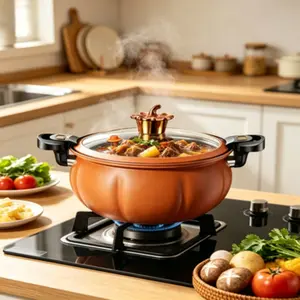 High-capacity multifunctional glass-capped pressure cooker for stewing, featuring a heat-resistant handle, easy cleaning, and a non-stick design suitable for both induction and gas stoves (8-quart). Its pumpkin-shaped design makes it perfect for Halloween