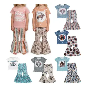 Short sleeves printed top & bell bottom pants set western boutique girls outfits