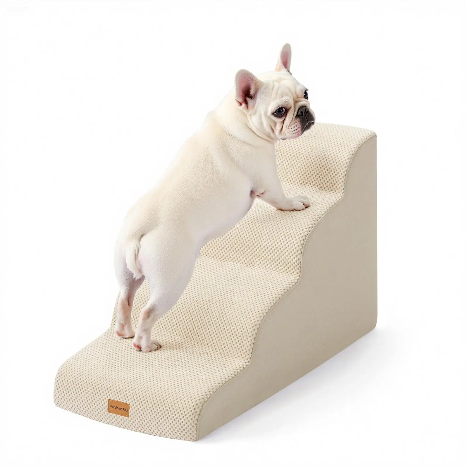 Gardner Pet Dog Stairs for Small Dogs 19.7" H, 4-Step Beige Curved Pet Stairs, Dog Steps for High Bed (18-24 in), Couch with Durable Non-Slip Waterproof Fabric Cover and CertiPUR-US Certified Foam