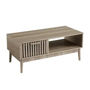 39.4" Coffee Table, Mid Century Modern Coffee Table with 1 Storage Drawer, Open Shelf & Wooden Legs, 2-Tier Fluted Rectangle Center Table for Living Room, Natural