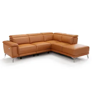 Valencia Pista Modern Top Grain Leather Reclining Sectional Sofa with Right-Hand Facing Chaise, Cognac