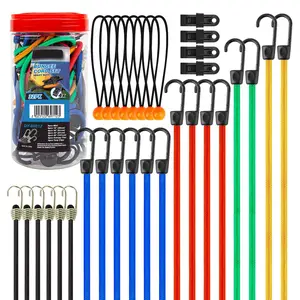 32-Piece Premium Bungee Cords with Hooks Includes 10 18 24 32 40 Heavy Duty Outdoor Elastic Rope 4 Pcs Canopy Tarps Clips Small Bungees Rope with Ball Mini Cords Carabiner Hook Storage Jar