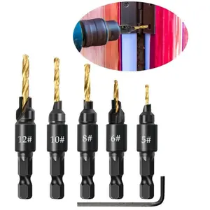 5PCS Countersink Drill Bit Set, #5, #6, #8, #10, #12, High-Speed Steel Counter Sink Drill Bit Adjustable for US Wood Screw,Depth Adjustable,82-Degree Chamfer, 1/4” Hex Shank