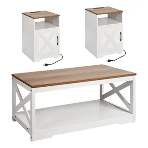 VEVOR 3 Pieces Farmhouse Coffee Table Sets, 40 in Industrial Coffee Table with 2 End Side Tables, Easy Assembly Coffee and End Tables Sets with Charging Station, for Office, Living Room Apartment