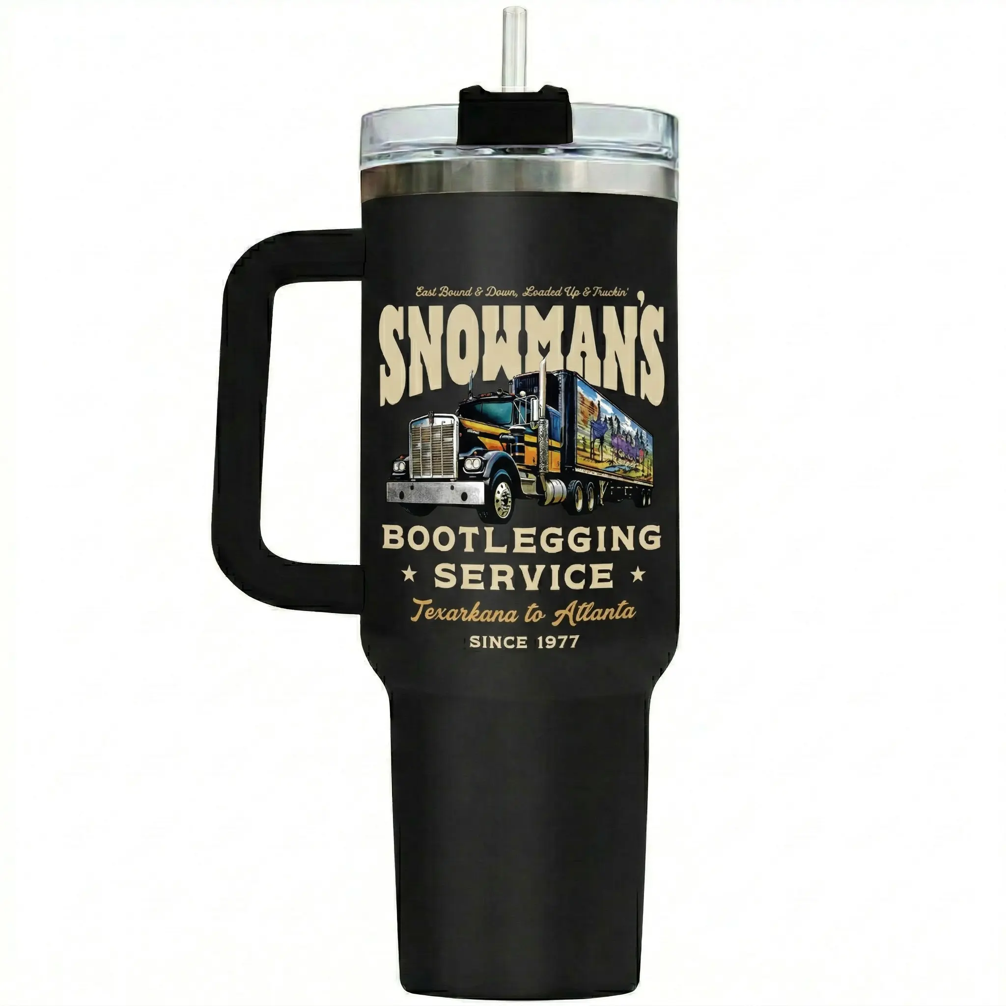 Smokey and the Bandit Snowman Truck Tumbler 40oz, Bootlegging Service Travel Mug With Handle, Classic Trucker Movie Fan Cup