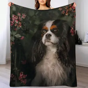 Soft Plush Blanket with Charming Cavalier King Charles Spaniel & Blooming Floral Design