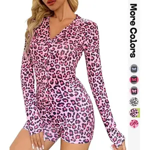 Women's one-piece pajamas, bodysuit long sleeve short home clothes, new leopard print buttons, deep V-neck, sexy slim elegant pink fashion women's jumpsuit