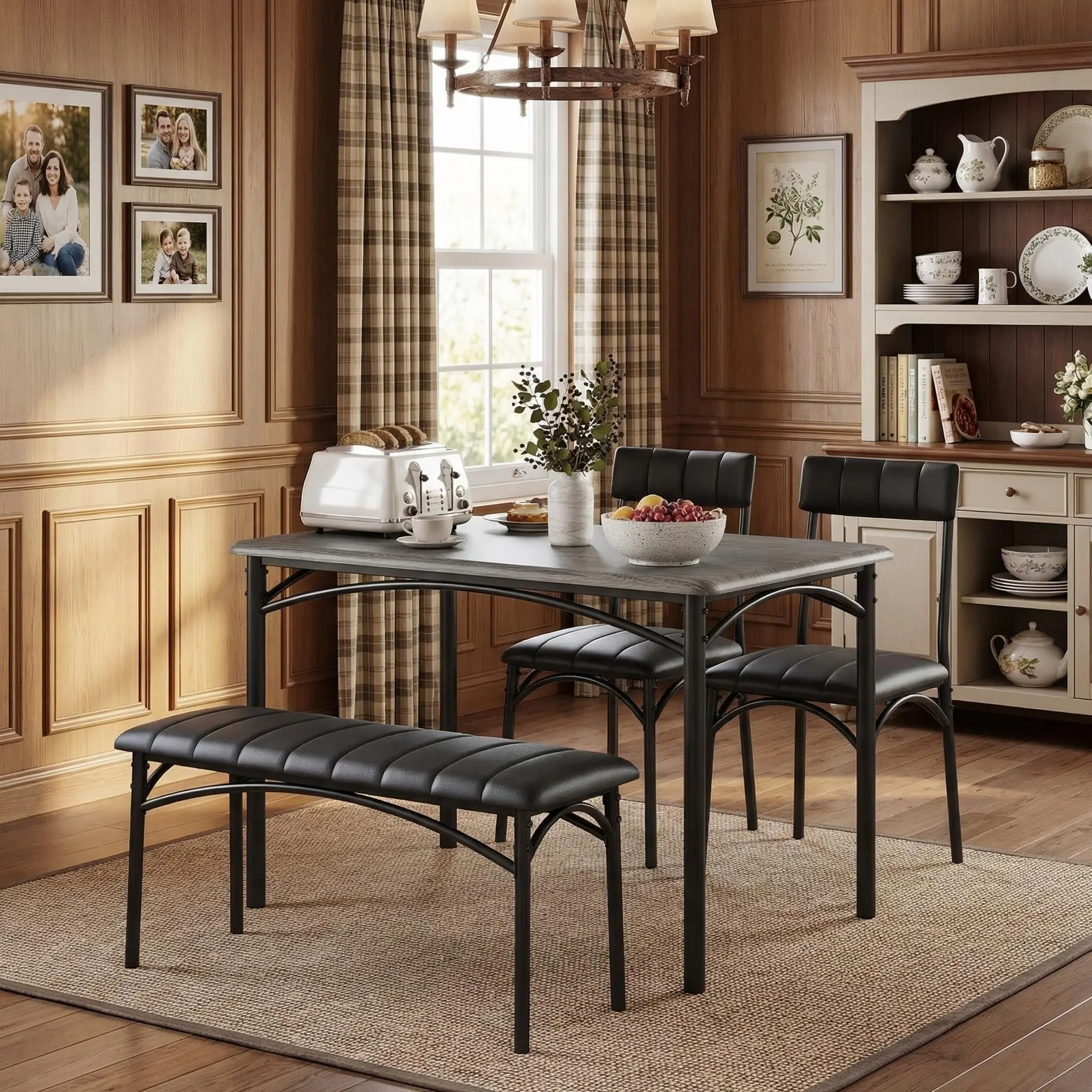 Garvee Rustic Grey Rectangular 4-Seat Kitchen Table Set - MDF & Steel Load-Bearing Set with Upholstered Chairs, Bench, Ideal for Small Spaces, Apartments, Kitchen Table Sets