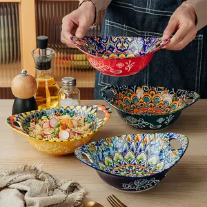 Bohemian Style Ceramic Salad Serving Bowls with Handles, Microwave Safe & Dishwasher Friendly, Stackable Oval Bowls for Fruits & More