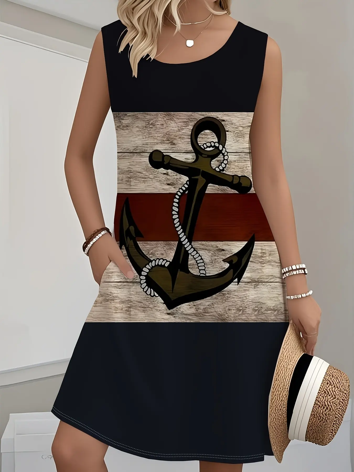 Women's Anchor-Print Striped Dress: Round Neck Retro Nautical-Style Casual Summer Beachwear Printed Sundress Womenswear Casual Fashion Dress