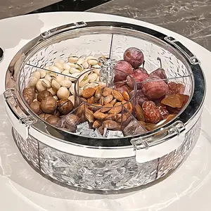 Large-capacity divided snack tray with airtight lid, transparent round plastic container, clear food storage, perfect for dried fruits, nuts, candies and desserts. Ideal for home, kitchen, parties, weddings and holiday gatherings.