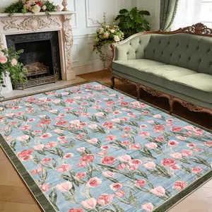 Tulip Print Rug Washable Soft Large Size Indoor Printed Rug Foldable Decorative Stain-Resistant Non-Slip Low-Pile Non-Shedding, for Bedrooms, Living Rooms, Dining Rooms, Laundry Rooms, Playrooms, Offices, and Children's Rooms spring home decor