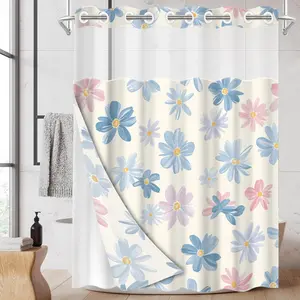 1pc hookless shower curtain with buckle lining, spring pink and blue floral pattern design, 2D flat printing, fabric waterproof lining, see-through double-layer shower curtain, 71 x 74 inches, modern home draping curtain, Bathroom Curtain