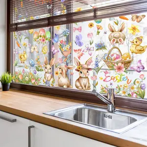 A set (20*30cm*9pcs) of Easter bunny, little yellow duck, Easter egg and flower gold stamping window stickers, static adsorption glass stickers, for beautifying holiday window decorations, home window displays, window decoration DA11024