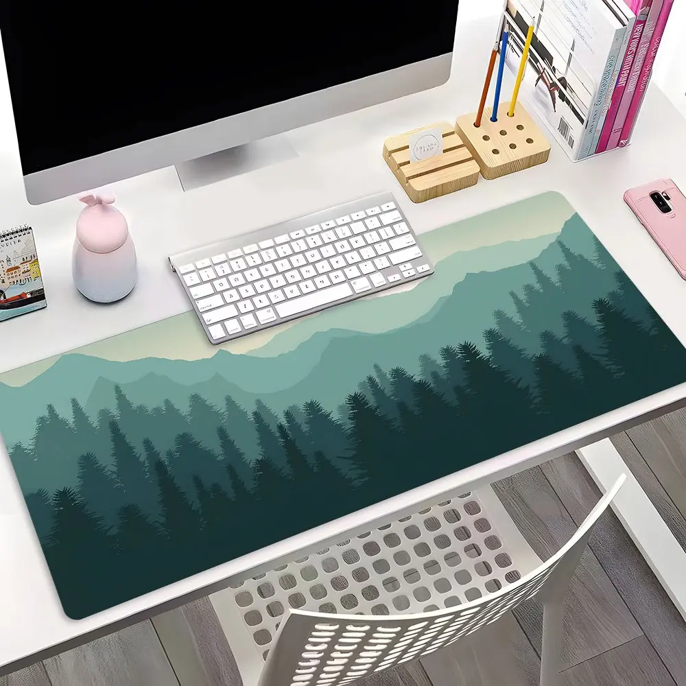 XXL Extended Gaming Mouse Pad, Misty Green Mountain Forest Nature Design, Non-Slip Rubber Desk Mat with Stitched Edge, Washable Large Keyboard Pad for PC Gaming & Home Office, Perfect Gift for Nature Lovers & Office Workers, Gaming Desk Accessory