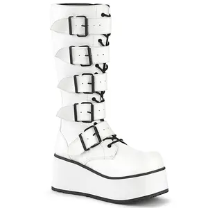 Demonia Men's Trashville-518 White Vegan Leather Knee-high Boots with 3 1/4" Platform Lace-Up Closure & Buckle Straps