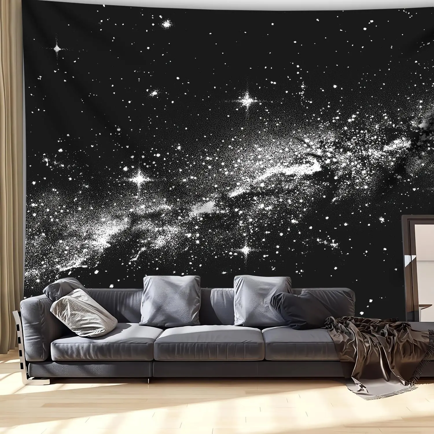 1pc Oversized Black and White Starry Night Tapestry - Horizontal Indoor Wall Hanging for Living Room, Bedroom - Celestial Design, Abstract Painting, Artwork Print Tapestries, Room Art, Galaxy Aesthetic Neutral Monochrome Space Decor