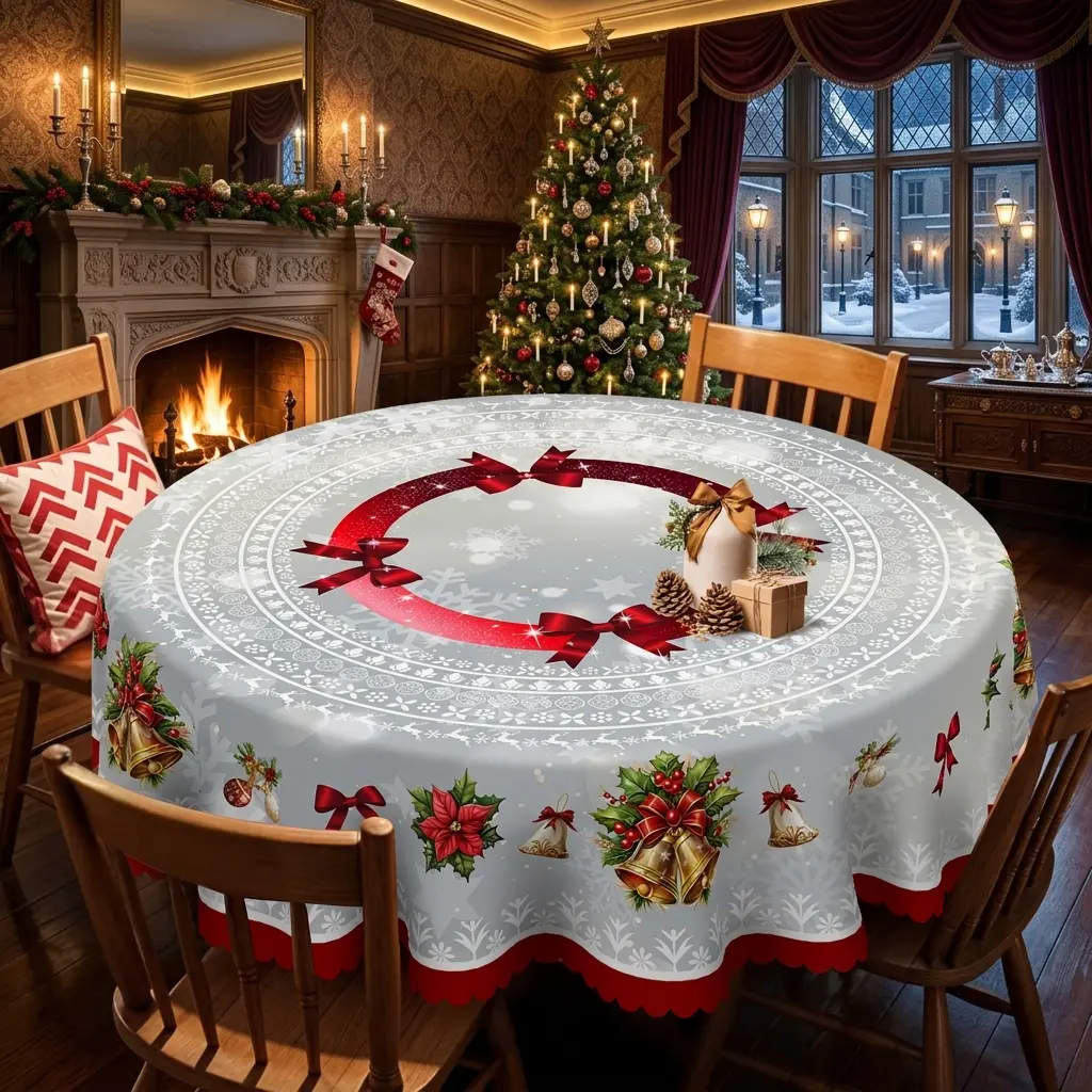 Vintage Christmas Tablecloth, Festive Red Bow Wreath Bell Poinsettia Printed Table Cover, Snowflake Lace Border, Rectangular Round Table Cloth for Holiday Party Home Kitchen Decoration, Xmas Gift