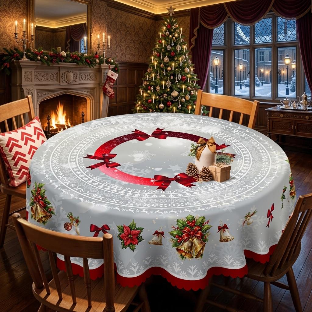 Vintage Christmas Tablecloth, Festive Red Bow Wreath Bell Poinsettia Printed Table Cover, Snowflake Lace Border, Rectangular Round Table Cloth for Holiday Party Home Kitchen Decoration, Xmas Gift