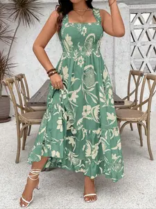 Plus Size Women's New Floral Print Boho Vneck Dress, Fitted Design in Woven Fabric for All Seasons, Moderate Thickness for Comfort