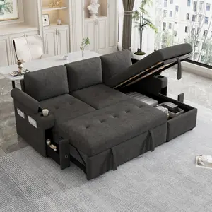 83.5" L-shaped Sofa Couch Convertible Sofa Bed Sectional Sofa with Ample Storage Space, Two Cup Holders and Two USB Ports for Living Room, Black