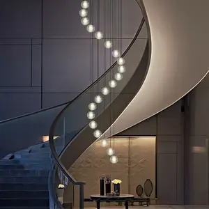 Ceiling chandelier with a high installation height. Modern staircase chandelier equipped with crystal balls. Its height is adjustable. It is suitable for living rooms, hotels, entrances and foyers.