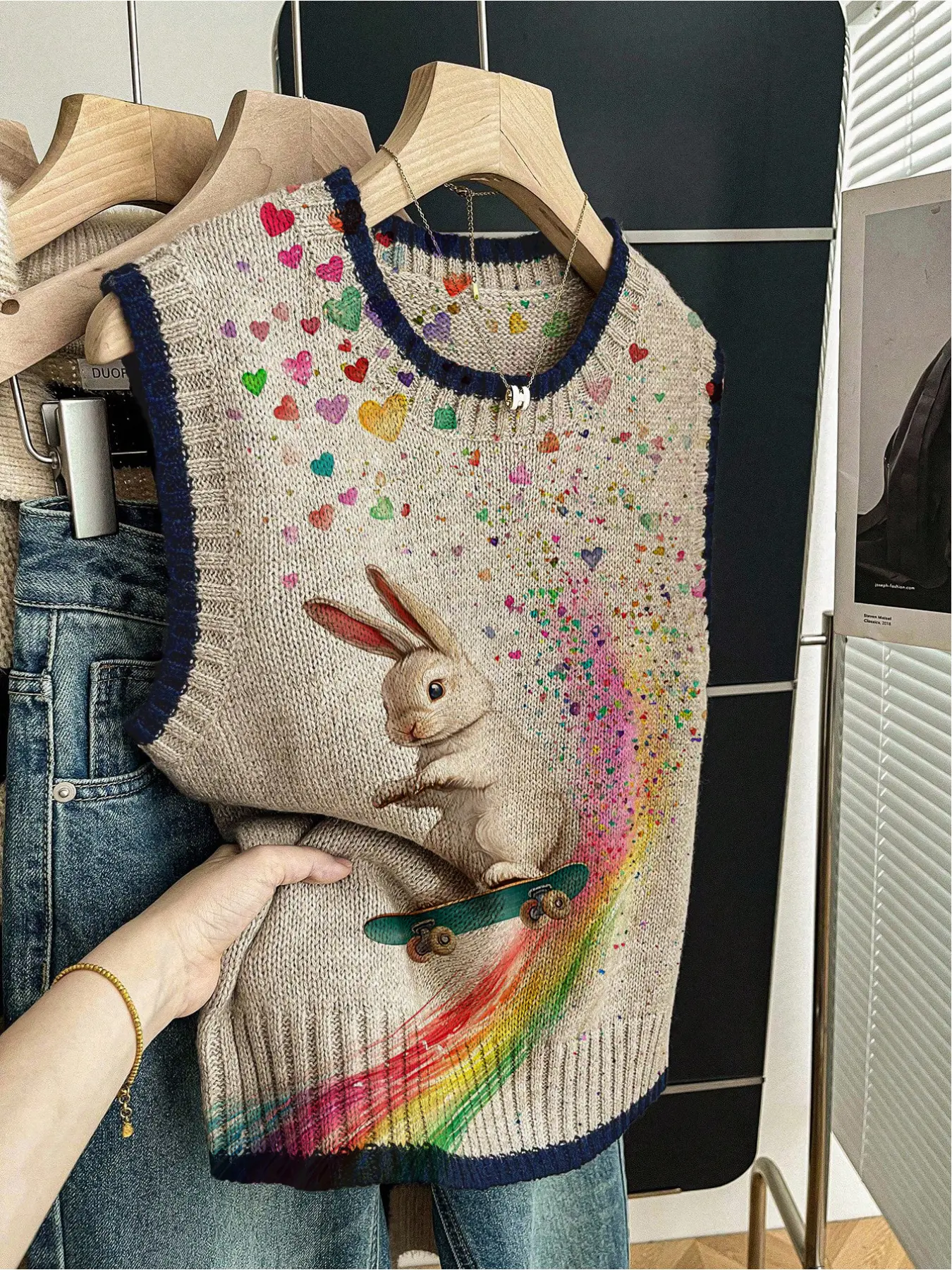 1pc Women's Spring/Summer Back to School Casual Loose Crew Neck Sleeveless Knit Top Vests - Dark BluePiped Trim, Contrast Rabbit Patchwork Heart Print, Gilet Matchable Womenswear