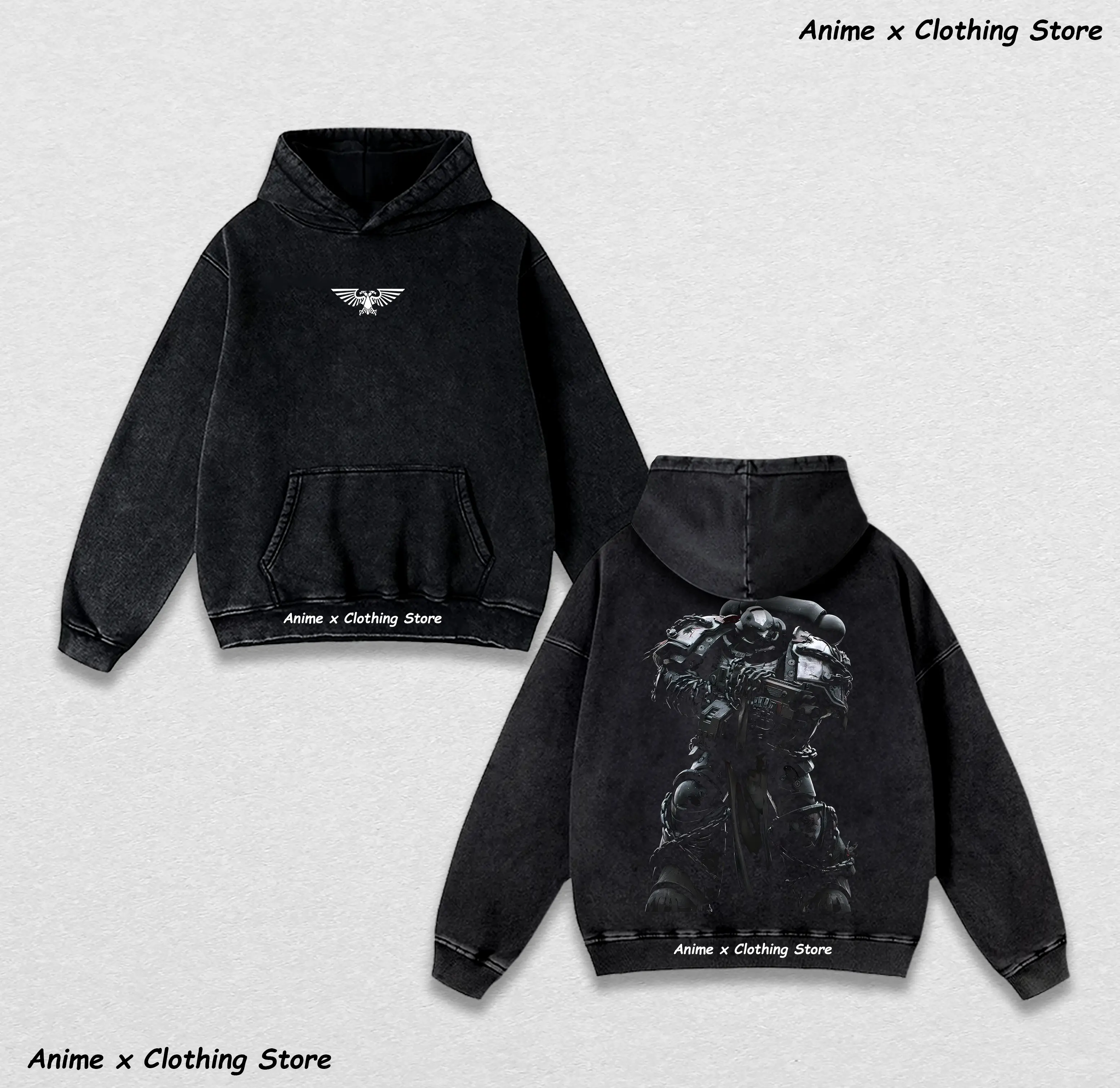 Warhammer 40k Black Templar Space Marine Vintage Washed Hoodie Unisex Oversize Heavyweight Cotton Manga Graphic Crewneck Soft Tops Natural Shade Hoodie Anime Gift