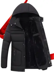 Long Winter Jacket for Men & Women - Windproof Polyester Coat with Removable Hood, Multiple Pockets, and Fleece Lining - Classic Black Overcoat Suitable for Seniors and Older Adults