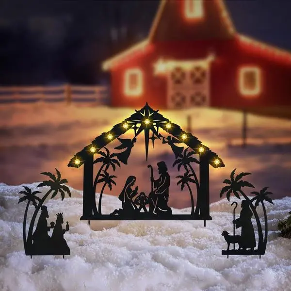 Solar Powered Religious Nativity Scene Decorations - 3-Pack Waterproof Metal Silhouette Yard Stakes, Decorative Outdoor Christmas Decor for Garden, Switch