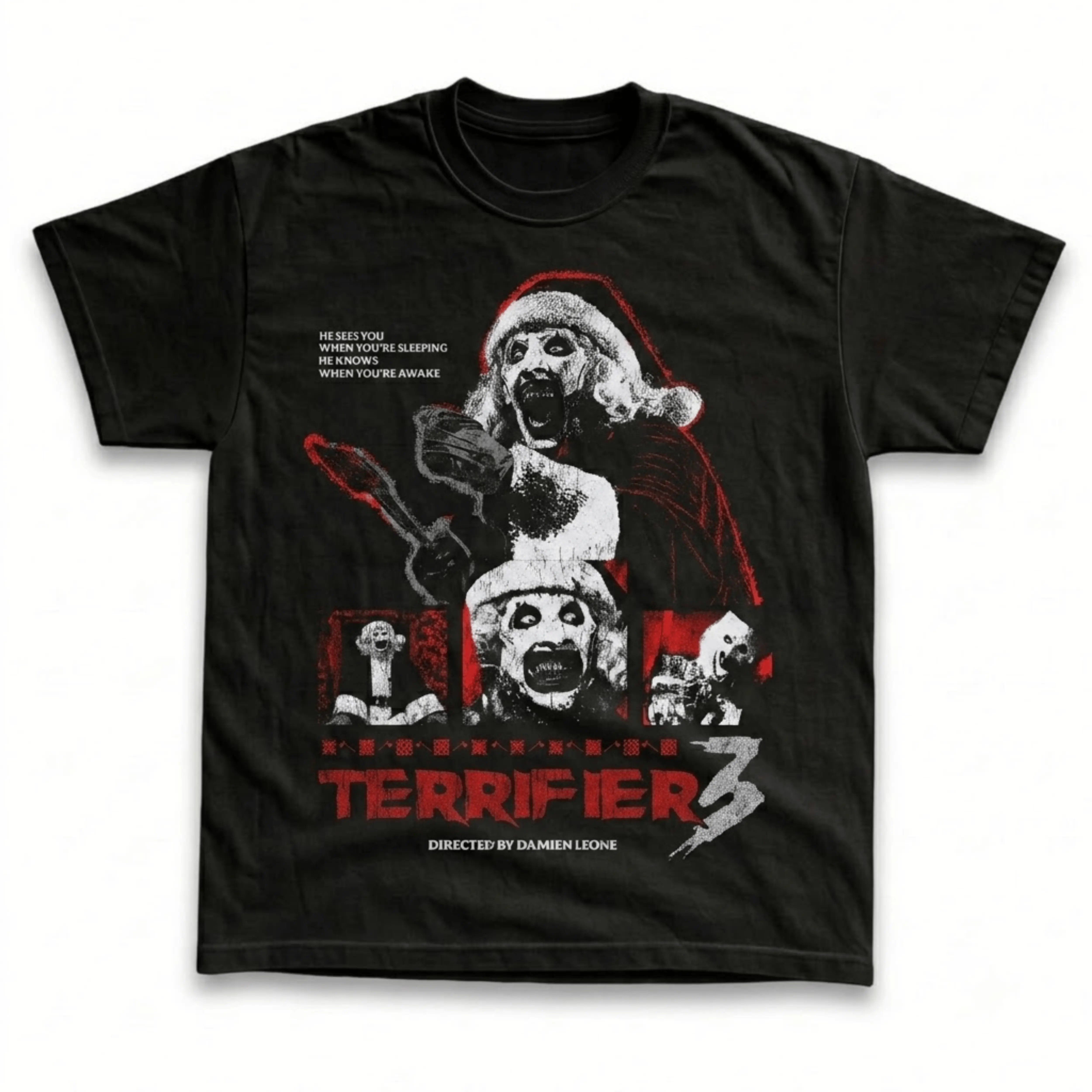 Men's and Women's T-Shirt, Vintage Terrifier Graphic Tee, Art the Clown Santa, Terrifier 3 Movie, Christmas Horror Slasher, He Sees You Quote, Spooky Halloween Outfit, Retro Grunge Streetwear, Gothic Goth Aesthetic, Rap Tee Style, Fan Gift