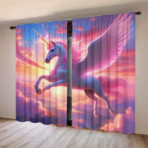 2 Piece Unicorn Print Curtains, Multicolor Cloud Background, Semi-Transparent Polyester Fiber, Rod Pocket Design, Bedroom Living Room Decor
