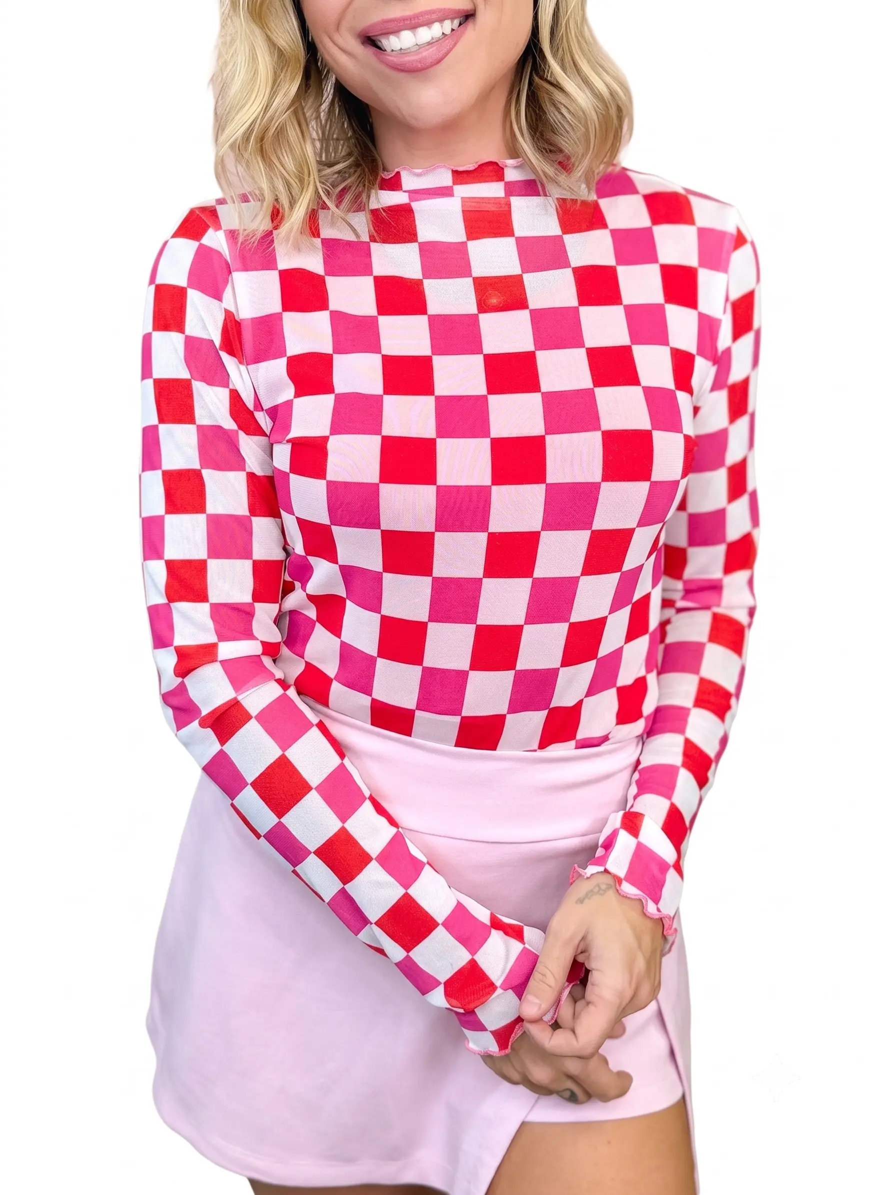 Women’s Rose Checkered Mesh Top Sheer Long Sleeve Mock Neck Stretch Layering Shirt Y2K Party Blouse