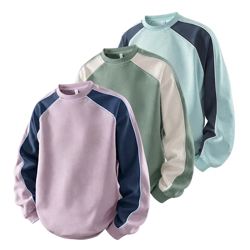 Autumn Winter Women Color Block Waffle Sweatshirt, Crew Neck Raglan Sleeve Pullover, Textured Waffle Fabric Long Sleeve Top, Versatile Casual Daily Outfit for Women#sohochic