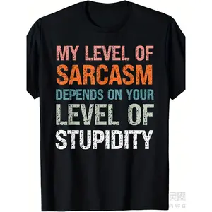 Fun Satirical Quotes T-Shirt - "My level of satire depends on how stupid you are" - Orange Print - 220GSM Heavy Pure Vintage Unisex T-Shirt for Men and Women - All Season Casual, Fun Quotes Shirt for Parties and Everyday Wear