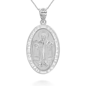 San Benito Saint St Benedict Oval Medal Silver Pendant Necklace with Rolo Chain and Pendant only