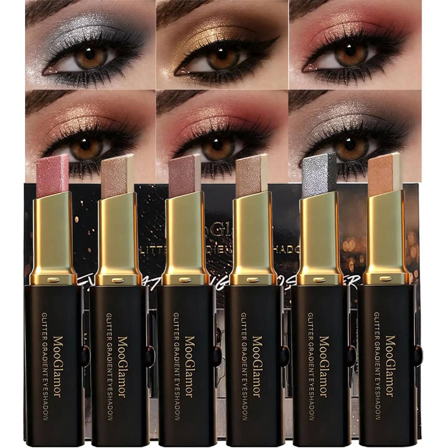 6 Pcs Glitter Eye Shadow Stick Shimmer Eye Shadow Set with Two-Color ...