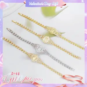 18K Gold Virgin Mary Bracelet Pulsera de la Virgen Esclava Flor Hueca Geometric Link Waterproof Religious Jewelry Valentine Regalo Para Mujer Mother Wife Love